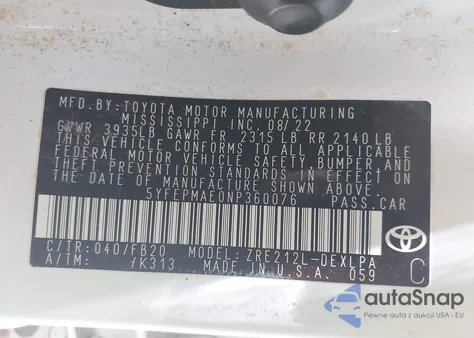 2022 Toyota Corolla Le z USA, uszkodzony, nr VIN 5YFEPMAE0NP360076